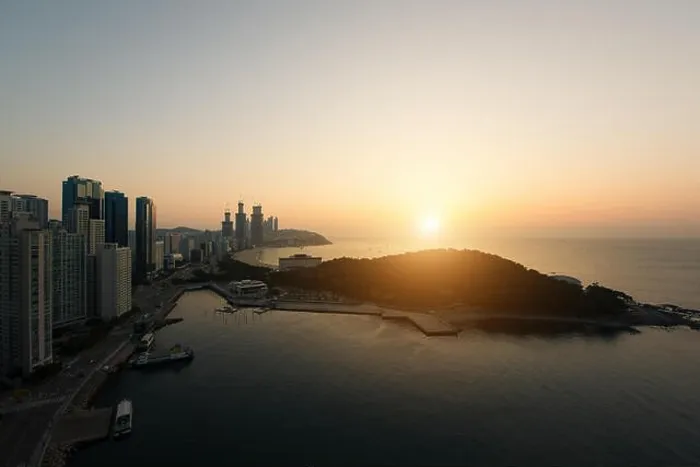 Framed Print : Sunrise at Haeundae beach in Busan. Haeundae beach is Busan's most popular beach in South Korea