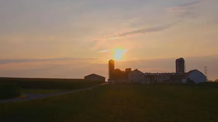 Framed Print : Sunrise Looking over an Amish Farm with Farm House Barn and Silos Framed Print : Sunrise Looking over an Amish Farm with Farm House Barn and Silos