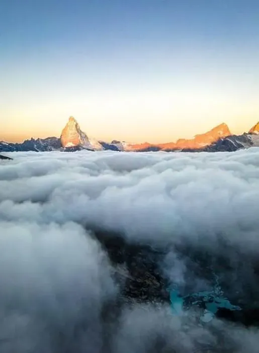 Framed Print : Sunrise at Matterhorn, Switzerland. Aerial photo taken with a drone. Mountain above the clouds