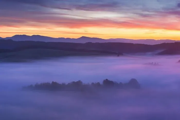Framed Print : Sunrise Over Misty Landscape. Scenic View Of Foggy Morning Sky With Rising Sun Above Misty Forest Framed Print : Sunrise Over Misty Landscape. Scenic View Of Foggy Morning Sky With Rising Sun Above Misty Forest