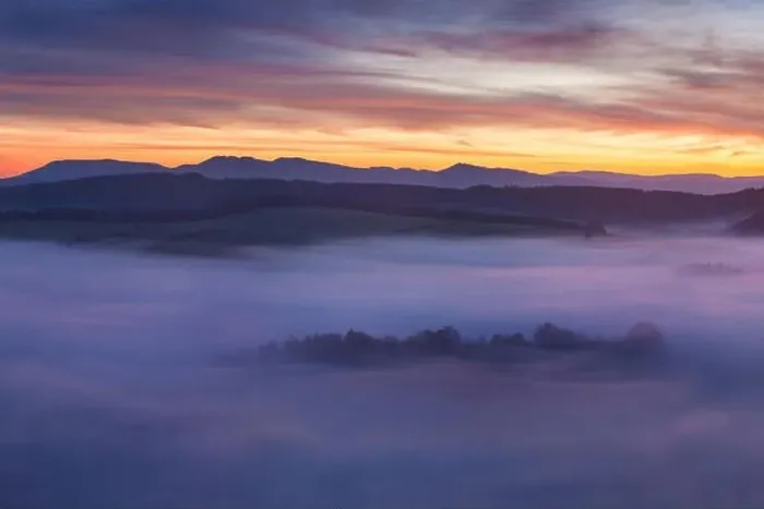 Framed Print : Sunrise Over Misty Landscape. Scenic View Of Foggy Morning Sky With Rising Sun Above Misty Forest Framed Print : Sunrise Over Misty Landscape. Scenic View Of Foggy Morning Sky With Rising Sun Above Misty Forest