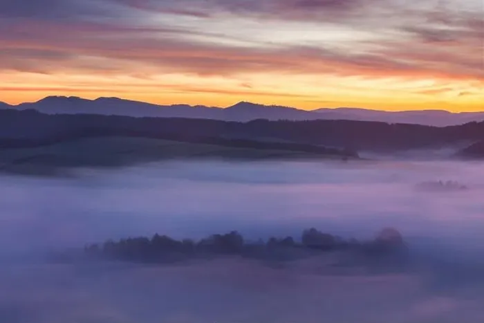 Framed Print : Sunrise Over Misty Landscape. Scenic View Of Foggy Morning Sky With Rising Sun Above Misty Forest Framed Print : Sunrise Over Misty Landscape. Scenic View Of Foggy Morning Sky With Rising Sun Above Misty Forest