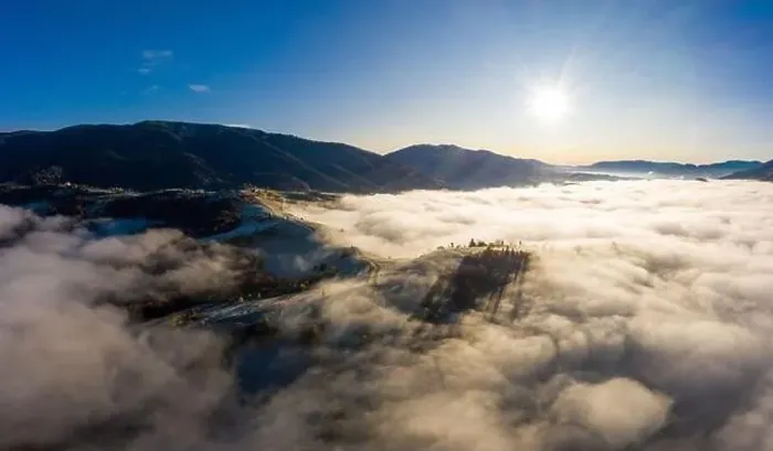 Framed Print : Sunrise over mountain hils covered with gray mist. Aerial panoramic drone shot Framed Print : Sunrise over mountain hils covered with gray mist. Aerial panoramic drone shot