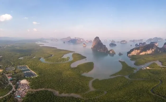 Framed Print : Sunrise Samet Nang She viewpoint Phangnga Bay Thailand, Drone view over the Bay