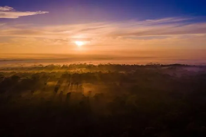 Framed Print : Sunrise shining golden rays through the early morning fog softly blanketing a prehistoric landscape Framed Print : Sunrise shining golden rays through the early morning fog softly blanketing a prehistoric landscape