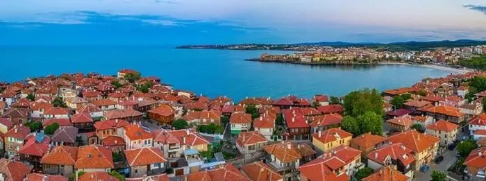 Framed Print : Sunset aerial view of Bulgarian town Sozopol Framed Print : Sunset aerial view of Bulgarian town Sozopol