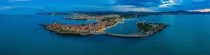 Framed Print : Sunset aerial view of Bulgarian town Sozopol Framed Print : Sunset aerial view of Bulgarian town Sozopol
