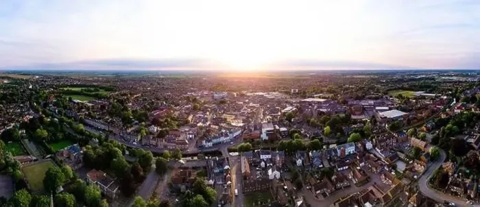 Framed Print : Sunset ariel panorama of the Market Town of Spalding in Lincolnshire Framed Print : Sunset ariel panorama of the Market Town of Spalding in Lincolnshire
