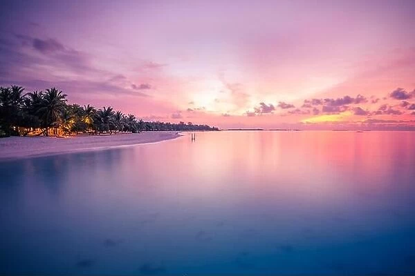 Sunset on the beach, tropical nature pattern. Amazing seascape with exotic island view. Coastline under colorful sky, dream sunset landscape, seascape
