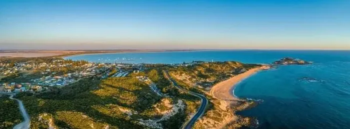 Framed Print : Sunset over Beachport and Bowman scenic drive - aerial panorama Framed Print : Sunset over Beachport and Bowman scenic drive - aerial panorama