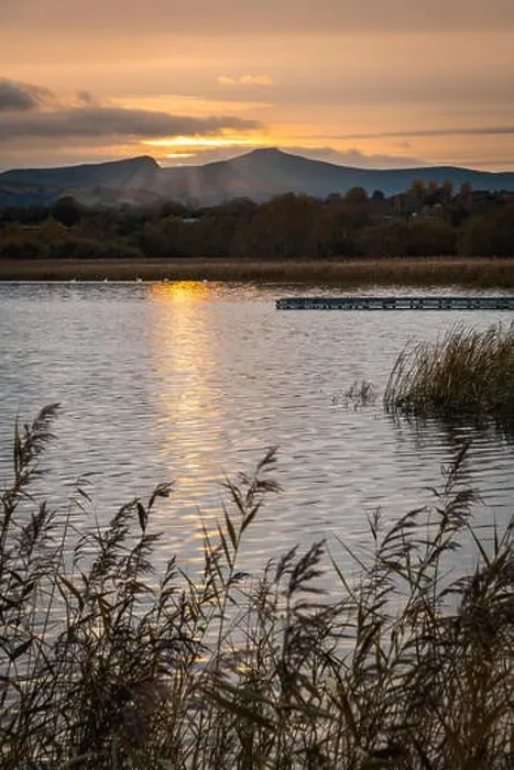 Framed Print : Sunset at a Beautiful natural lake in Brecon Beacons surrounded by rural farmland (Llangorse Lake, Wales)