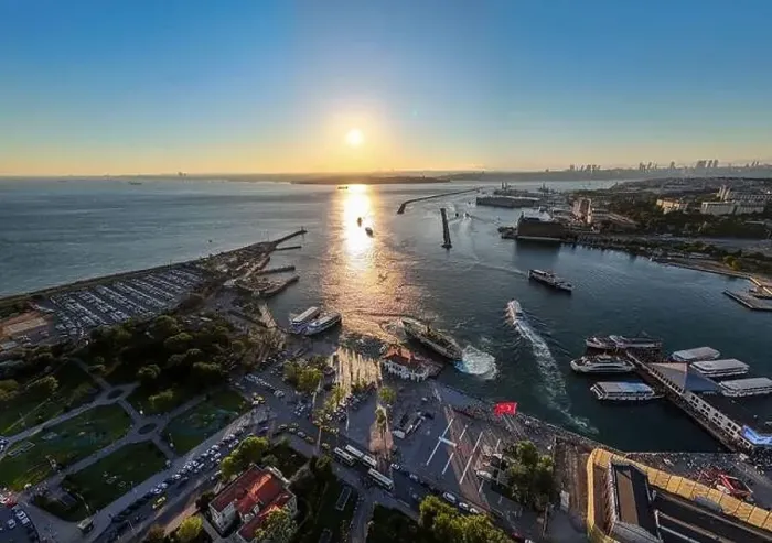 Framed Print : Sunset bird's eye view from aerial drone shooting of Kadikoy Port Framed Print : Sunset bird's eye view from aerial drone shooting of Kadikoy Port