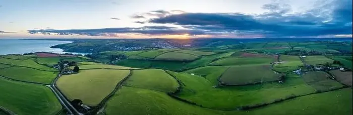 Framed Print : Sunset over Fields and Farms, The DAYMARK, Kingswear, Devon, England Framed Print : Sunset over Fields and Farms, The DAYMARK, Kingswear, Devon, England