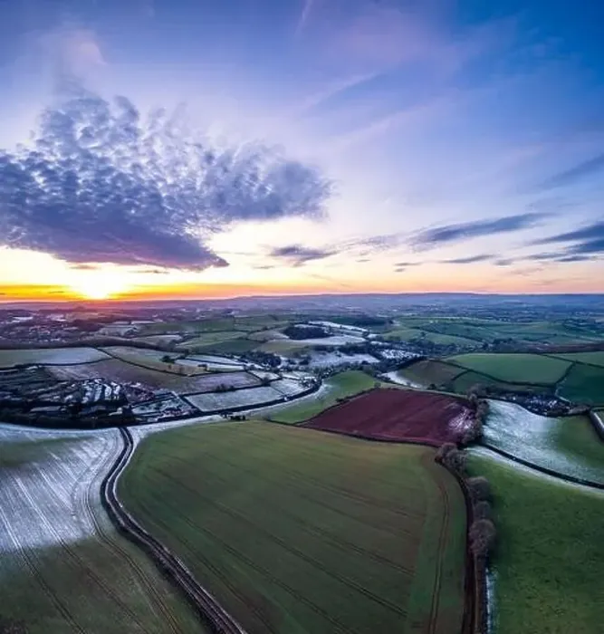 Framed Print : Sunset over Frosty fields and farms from a drone, Torquay, Torbay, Devon, England, Europe Framed Print : Sunset over Frosty fields and farms from a drone, Torquay, Torbay, Devon, England, Europe