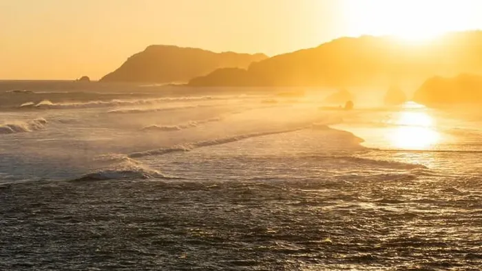 Framed Print : Sunset landscape with huge waves and mountain hills on horizon Framed Print : Sunset landscape with huge waves and mountain hills on horizon