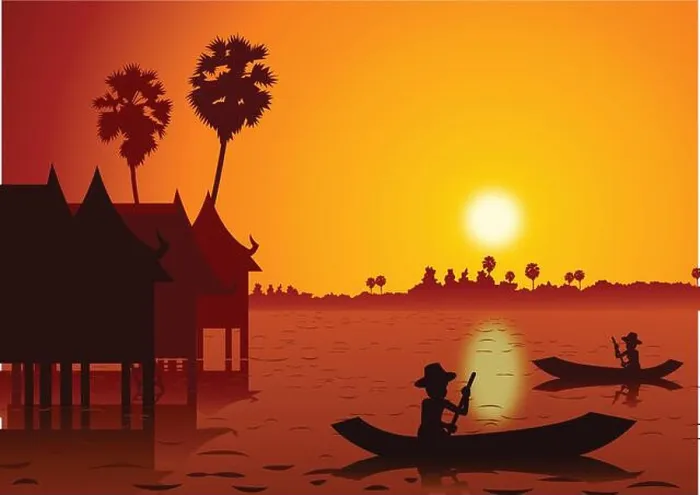 Framed Print : sunset landscape and rural water village with a rowing boat back to home around with nature Framed Print : sunset landscape and rural water village with a rowing boat back to home around with nature
