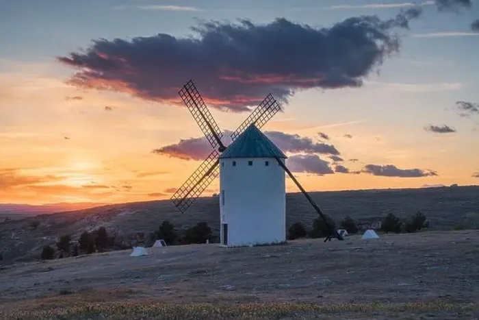 Framed Print : Sunset landscapes of Don Quixote windmills in Campo de Criptana, Toledo, Spain