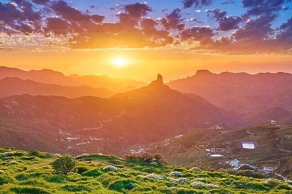 Sunset mountain landscape at Roque Bentayga, Gran Canaria, Canary Islands, Spain