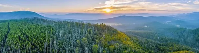 Framed Print : Sunset over mountains and forest in Yarra Ranges National Park - aerial panoramic landscape Framed Print : Sunset over mountains and forest in Yarra Ranges National Park - aerial panoramic landscape
