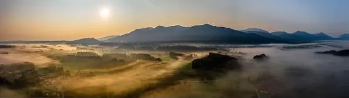Framed Print : Sunset Panorama with drone at the Bavarian Alps. Mist and fog at the ground Framed Print : Sunset Panorama with drone at the Bavarian Alps. Mist and fog at the ground