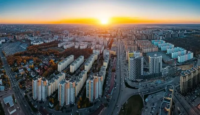 Framed Print : Sunset above panorama of modern residential area in Voronezh, aerial view from drone Framed Print : Sunset above panorama of modern residential area in Voronezh, aerial view from drone
