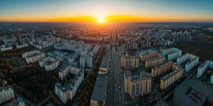 Framed Print : Sunset above panorama of modern residential area in Voronezh, aerial view from drone Framed Print : Sunset above panorama of modern residential area in Voronezh, aerial view from drone
