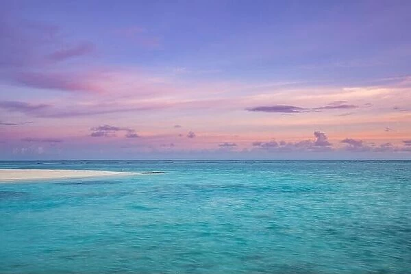 Sunset seascape, dream nature view. Amazing twilight colors, pastel colored sky clouds, calm peaceful sea ocean water. Tranquil relaxing sea sunrise