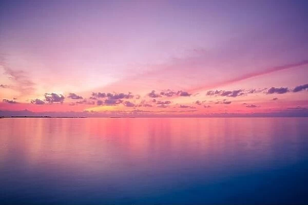 Sunset sunrise seascape. Inspirational calm sea with sunset sky. Meditation ocean and sky background. Colorful horizon over the water