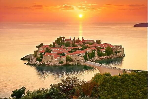 Sunset time at Sveti Stefan Island near Budva, Montenegro