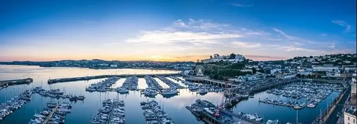 Framed Print : Sunset over Torquay Harbour and Marina, English Riviera from a drone, Devon, England, Europe Framed Print : Sunset over Torquay Harbour and Marina, English Riviera from a drone, Devon, England, Europe