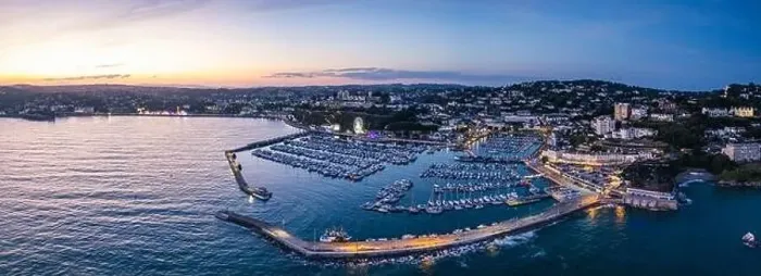 Framed Print : Sunset over Torquay Harbour and Marina, English Riviera from a drone, Devon, England, Europe Framed Print : Sunset over Torquay Harbour and Marina, English Riviera from a drone, Devon, England, Europe