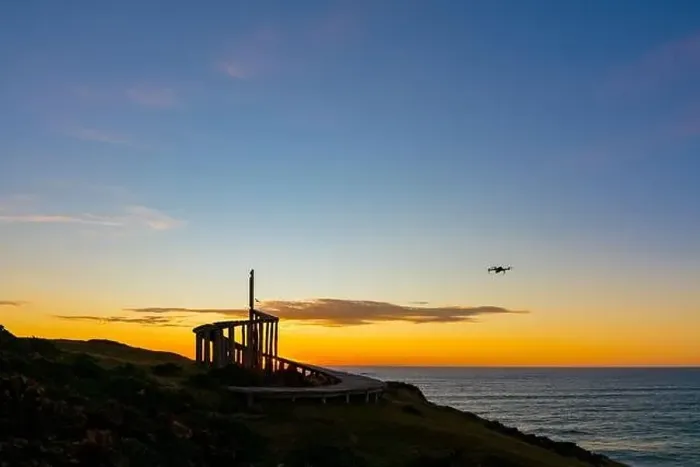 Framed Print : after sunset with view to the dock of time in the archipelago of chiloe, with drone flying by Framed Print : after sunset with view to the dock of time in the archipelago of chiloe, with drone flying by