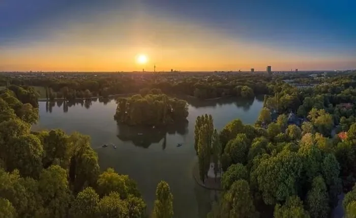 Framed Print : Sunset view over a lake in a park of Munich in germany Framed Print : Sunset view over a lake in a park of Munich in germany
