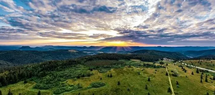 Framed Print : Sunset over the Vosges. Panoramic view from drone, France Framed Print : Sunset over the Vosges. Panoramic view from drone, France