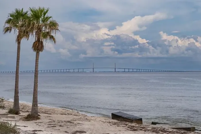 Framed Print : The Sunshine Skyway Bridge over Tampa Bay with beach and palm trees in the foreground. Florida USA Framed Print : The Sunshine Skyway Bridge over Tampa Bay with beach and palm trees in the foreground. Florida USA