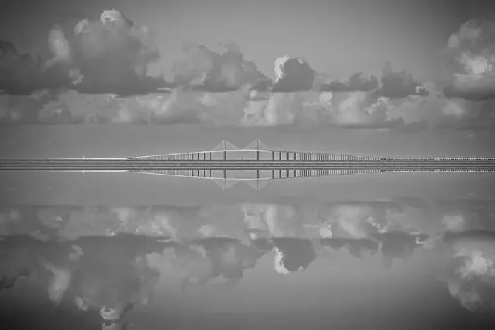 Framed Print : Sunshine Skyway Tampa St. Petersburg Florida USA Cloud reflection in water Framed Print : Sunshine Skyway Tampa St. Petersburg Florida USA Cloud reflection in water
