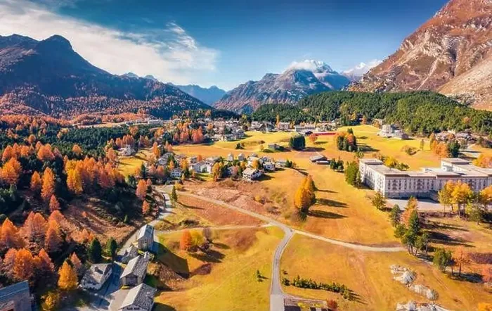Framed Print : Superb autumn view from flying drone of Maloja village