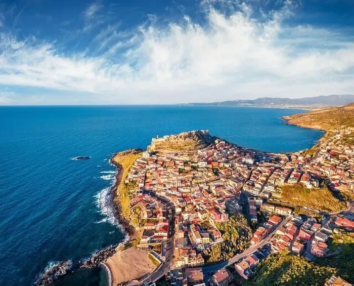Framed Print : Superb evening view from flying drone of Castelsardo port Framed Print : Superb evening view from flying drone of Castelsardo port