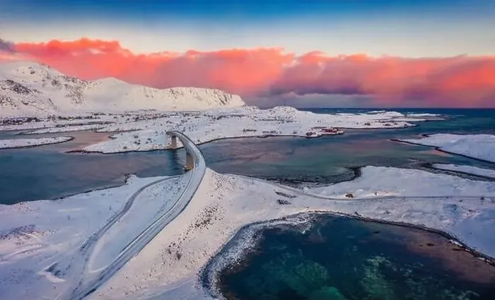 Framed Print : Superb winter view from flying drone of Fredvang bridge Framed Print : Superb winter view from flying drone of Fredvang bridge