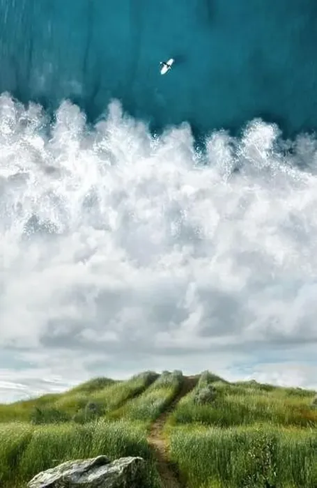Framed Print : Surreal Dreamy Hiking Scene of a Tall Green Grass Trail Leading up a Hill with the Blue Ocean and a Boat in the Sky Framed Print : Surreal Dreamy Hiking Scene of a Tall Green Grass Trail Leading up a Hill with the Blue Ocean and a Boat in the Sky