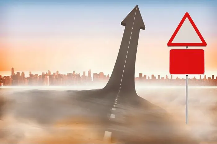 Framed Print : Surreal flat design arrow-shaped road is rising from misty sand with blank red signs, skyline Framed Print : Surreal flat design arrow-shaped road is rising from misty sand with blank red signs, skyline