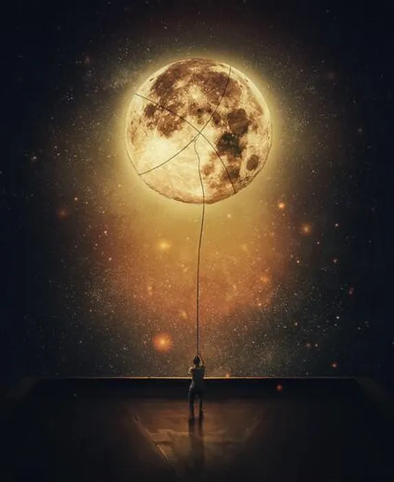 Framed Print : Surreal scene with a person stealing moon from the night sky Framed Print : Surreal scene with a person stealing moon from the night sky