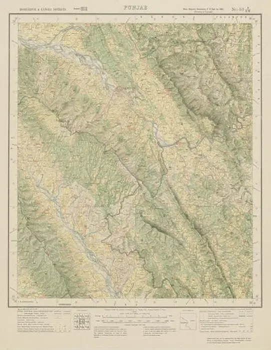 Framed Print : SURVEY OF INDIA 53 A / NW Himachal Pradesh Pragpur Nadaun Jawalamukhi Amb 1925 map