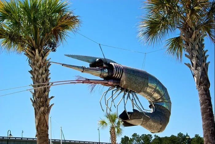 Framed Print : Suspended galvanized steel metal shrimp sculpture Homeport Marina Gulf Shores Ala Framed Print : Suspended galvanized steel metal shrimp sculpture Homeport Marina Gulf Shores Ala