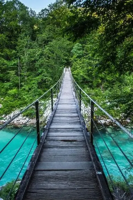 Framed Print : Suspension bridge in Soca valley over Soca river in Slovenia Framed Print : Suspension bridge in Soca valley over Soca river in Slovenia