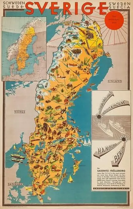 Framed Print : SVERIGE - Sverigekarta - Swedish Map - Swedish State Railway 1931 Framed Print : SVERIGE - Sverigekarta - Swedish Map - Swedish State Railway 1931