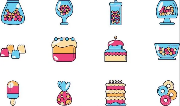 Framed Print : sweet dessert jar, candy and pastry icons set vector illustration