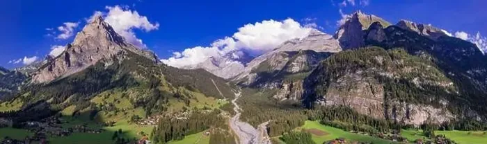 Framed Print : Swiss nature scenery. Kandersteg village with stunning valley surrouded by high Alps mountains Framed Print : Swiss nature scenery. Kandersteg village with stunning valley surrouded by high Alps mountains