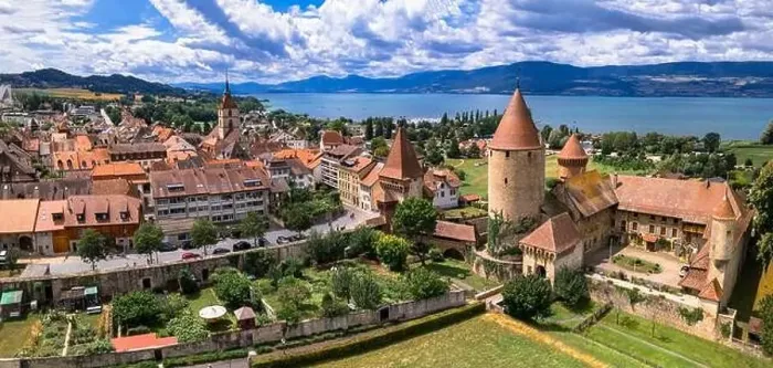 Framed Print : Switzerland scenic places. Estavayer-le-lac - charming traditional village Framed Print : Switzerland scenic places. Estavayer-le-lac - charming traditional village