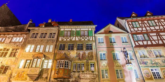 Framed Print : Switzerland, Stein am Rhein, Old town, historical houses at townhall square, fresco paintings, blue hour Framed Print : Switzerland, Stein am Rhein, Old town, historical houses at townhall square, fresco paintings, blue hour